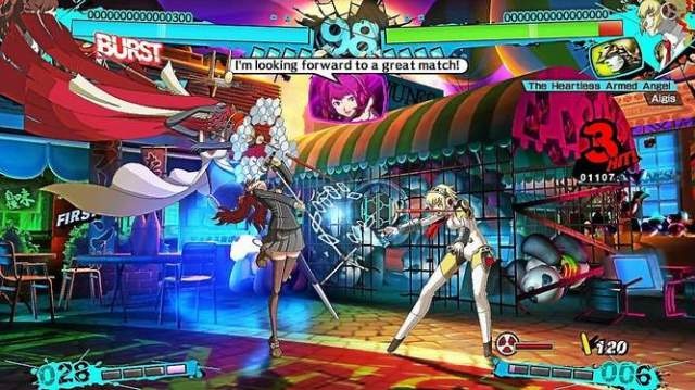 A pop star fighting an android in a food court is one of the many weird matchup possibilities in Persona 4 Arena Ultimax. 